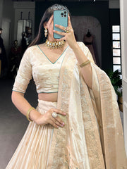 Attractive Off-White Bead Work Silk Designer Lehenga Choli With Dupatta