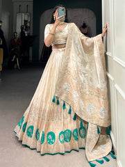 Attractive Off-White Bead Work Silk Designer Lehenga Choli With Dupatta