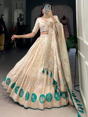 Attractive Off-White Bead Work Silk Designer Lehenga Choli With Dupatta