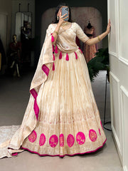 Stunning Off-White Mirror Work Silk Festive Wear Lehenga Choli