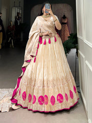 Stunning Off-White Mirror Work Silk Festive Wear Lehenga Choli