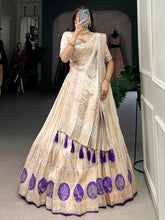 Awesome Off-White Mirror Work Silk Traditional Lehenga Choli With Dupatta