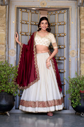 LOVABLE OFF-WHITE ZARI WEAVING BORDER VICHITRA SILK HALF SAREE LEHENGA BY MITVAL