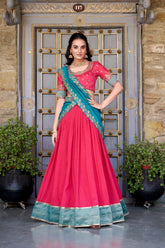 CAPRICIOUS BLUSH PINK ZARI WEAVING BORDER VICHITRA SILK HALF SAREE LEHENGA BY MITVAL