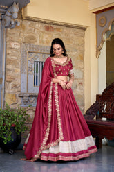 MAJESTIC MAROON BORDER WORK VICHITRA SILK WEDDING WEAR HALF SAREE LEHENGA BY MITVAL