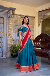 REFRESHING TEAL BLUE BORDER WORK VICHITRA SILK FESTIVE WEAR HALF SAREE LEHENGA BY MITVAL