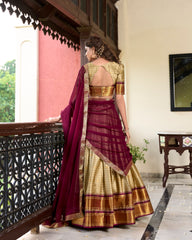 Cream Banarasi Art Silk Lehenga With Zari Patterns And Georgette Lace Dupatta