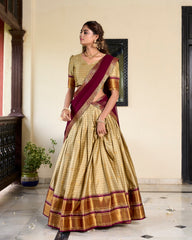 Cream Banarasi Art Silk Lehenga With Zari Patterns And Georgette Lace Dupatta
