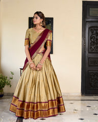 Cream Banarasi Art Silk Lehenga With Zari Patterns And Georgette Lace Dupatta