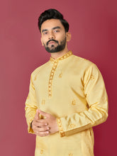Yellow Color Men's Kurta Pajama Set In Roman Silk With Val Moti Hand Work