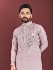 Lavender Color Men's Kurta Pajama Set In Soft Silk With Real Mirror Work On Neck