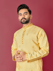 Yellow Color Men's Kurta Pajama Set In Roman Silk With Val Moti Hand Work