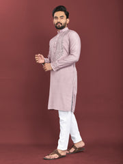 Lavender Color Men's Kurta Pajama Set In Soft Silk With Real Mirror Work On Neck