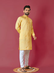 Yellow Color Men's Kurta Pajama Set In Roman Silk With Val Moti Hand Work