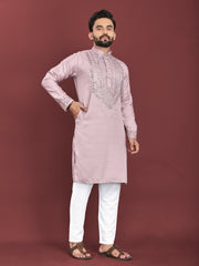 Lavender Color Men's Kurta Pajama Set In Soft Silk With Real Mirror Work On Neck