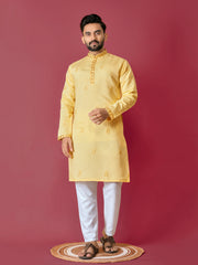 Yellow Color Men's Kurta Pajama Set In Roman Silk With Val Moti Hand Work
