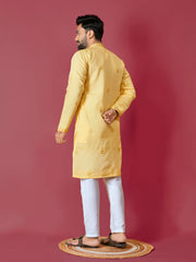 Yellow Color Men's Kurta Pajama Set In Roman Silk With Val Moti Hand Work