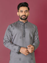 Grey Color Men's Kurta Pajama Set In Roman Silk With Val Moti Hand Work