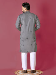 Grey Color Men's Kurta Pajama Set In Roman Silk With Val Moti Hand Work