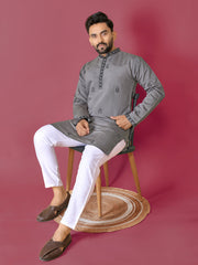Grey Color Men's Kurta Pajama Set In Roman Silk With Val Moti Hand Work