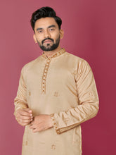 Peach Color Men's Kurta Pajama Set In Roman Silk With Val Moti Hand Work