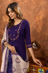 ELEGANT PURPLE EMBROIDERED FESTIVAL SUIT SET WITH PRINTED DUPATTA