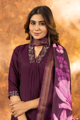 STYLISH PURPLE EMBROIDERED KURTA PANT SET WITH FLORAL DUPATTA
