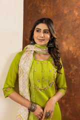 LIME GREEN FESTIVE KURTA SET WITH EMBROIDERED NECKLINE AND PRINTED DUPATTA
