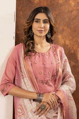 ELEGANT PEACH EMBROIDERED FESTIVAL SUIT SET WITH PRINTED DUPATTA