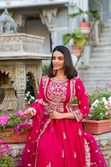 Pink Color Sequins And Thread Embroidery Work With Lace Border Vichitra Silk Gown