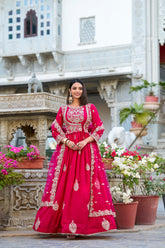 Pink Color Sequins And Thread Embroidery Work With Lace Border Vichitra Silk Gown