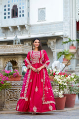 Pink Color Sequins And Thread Embroidery Work With Lace Border Vichitra Silk Gown