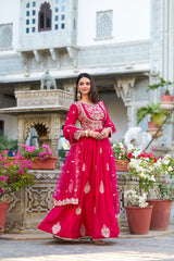 Pink Color Sequins And Thread Embroidery Work With Lace Border Vichitra Silk Gown