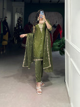 Olive Green Gold Coin Sequins Tread Embroidery Work Ethnic Dress