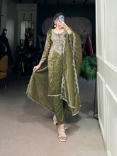 Olive Green Color Sequins And Thread Embroidery Work Gold Crush Dress