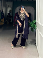 Navy Blue Color Sequins And Thread Embroidery Work Velvet Salwar Suit