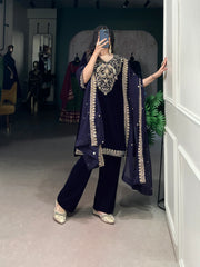Navy Blue Color Sequins And Thread Embroidery Work Velvet Salwar Suit