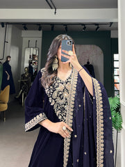 Navy Blue Color Sequins And Thread Embroidery Work Velvet Salwar Suit