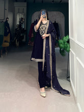 Navy Blue Color Sequins And Thread Embroidery Work Velvet Salwar Suit