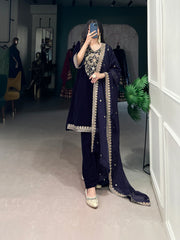 Navy Blue Color Sequins And Thread Embroidery Work Velvet Salwar Suit