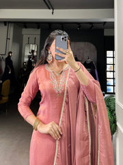 Peach Color Beets Handwork With Lace Touch Up Viscose Tissue Salwar Suit