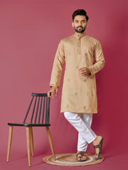 Peach Color Men's Kurta Pajama Set In Roman Silk With Val Moti Hand Work