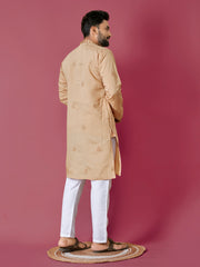 Peach Color Men's Kurta Pajama Set In Roman Silk With Val Moti Hand Work