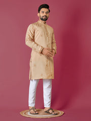 Peach Color Men's Kurta Pajama Set In Roman Silk With Val Moti Hand Work
