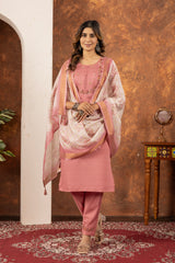 ELEGANT PEACH EMBROIDERED FESTIVAL SUIT SET WITH PRINTED DUPATTA