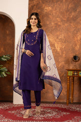 ELEGANT PURPLE EMBROIDERED FESTIVAL SUIT SET WITH PRINTED DUPATTA