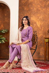 ELEGANT LAVENDER EMBROIDERED FESTIVAL SUIT SET WITH PRINTED DUPATTA