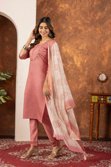 ELEGANT PEACH EMBROIDERED FESTIVAL SUIT SET WITH PRINTED DUPATTA