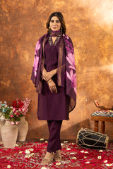 STYLISH PURPLE EMBROIDERED KURTA PANT SET WITH FLORAL DUPATTA