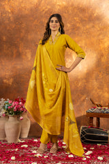 MUSTARD YELLOW EMBROIDERED KURTA PANT SET WITH FLORAL DUPATTA
